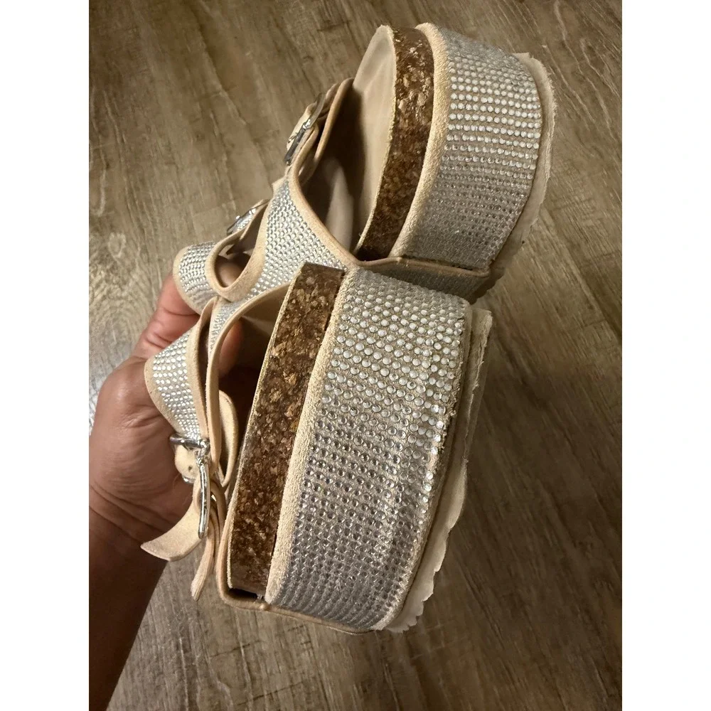 Forever 21 Rhinestone Platform Slide Sandals Tan Beige‎ Double Buckle Size 8